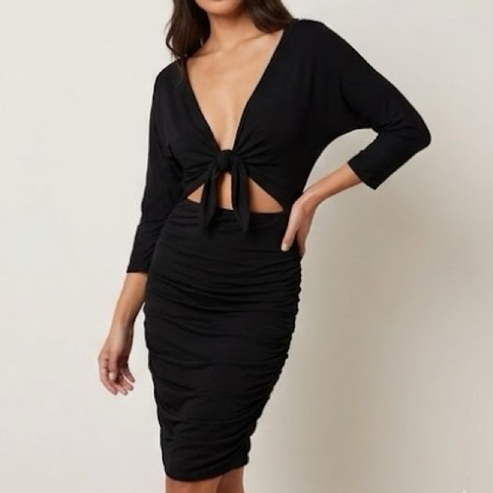 Amalfii Black Long Sleeve Open Front Ruched Midi Dress Small
